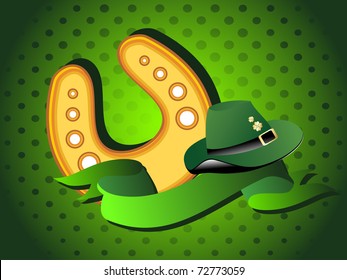 abstract green background with isolated horseshoe, ribbon and leprechaun hat