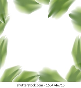 Abstract Green background. Green Leaves frame border, blurred brush stroke template. Spring copy space vector design element.