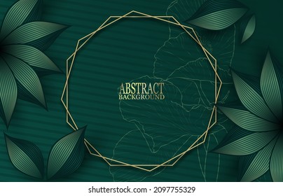 Abstract green background with leaves and golden frame.