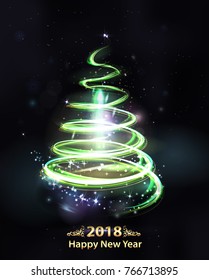 Abstract green background with light effect and bokeh. Vector christmas tree with sparkles and glowing stars