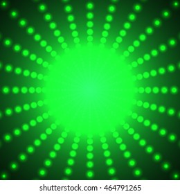 Abstract green background of luminous dots arranged in a space with a bright center. Geometric technology background
