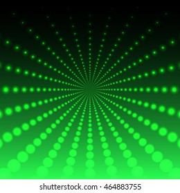 Abstract green background with luminous dots of different sizes, arranged in space in concentric circles. Geometric technology background
