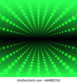 Abstract green background of luminous dots arranged in space and forming a tunnel. Geometric technology background
