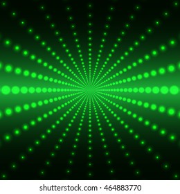 Abstract green background of luminous dots arranged in space and forming a tunnel. Geometric technology background

