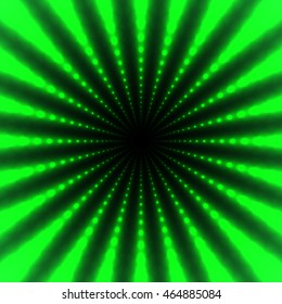 Abstract green background of luminous dots arranged in space and stretching into the distance in a tunnel. Geometric technology background
