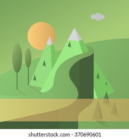 Abstract green background. Mountain landscape with road and sun. Vector