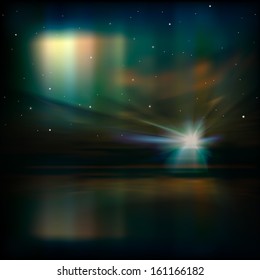 abstract green background with ocean sunrise and aurora borealis