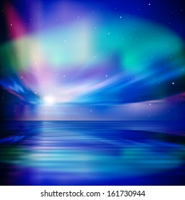 abstract green background with ocean sunrise and star sky