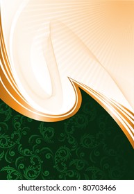 abstract green background with ornament and orange waves