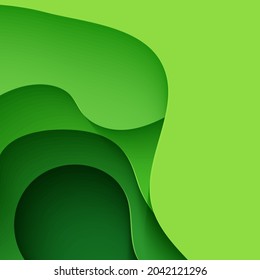 Abstract green background in paper cut style. 3d layout wallpaper cut out from cardboard. Modern template with abstract curve shapes. Vector environmental card with papercut waves for business poster