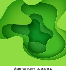 Abstract green background in paper cut style. 3d layout wallpaper cut out from cardboard. Modern template with abstract curve shapes. Vector environmental card with papercut waves for business poster