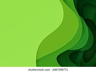 Abstract green background in paper cut style. 3d layout wallpaper cut out from cardboard. Modern template with abstract curve shapes. Vector environmental card with papercut waves for business poster