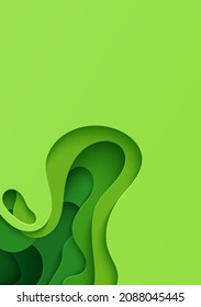 Resumen de fondo verde en estilo de corte de papel. Papel tapiz de diseño 3d recortado de cartón. Plantilla moderna con formas de curva abstractas. Tarjeta ambiental de vectores con ondas de papel para afiches de negocios