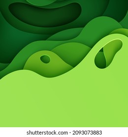 Abstract green background in paper cut style. 3d layout wallpaper cut out from cardboard. Modern template with abstract curve shapes. Vector environmental card with papercut waves for business poster