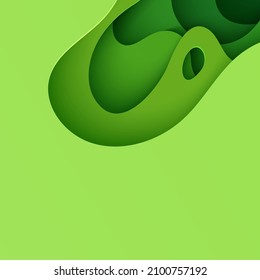Abstract green background in paper cut style. 3d layout wallpaper cut out from cardboard. Modern template with abstract curve shapes. Vector environmental card with papercut waves for business poster