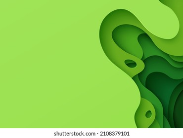 Abstract green background in paper cut style. 3d layout wallpaper cut out from cardboard. Modern template with abstract curve shapes. Vector environmental card with papercut waves for business poster