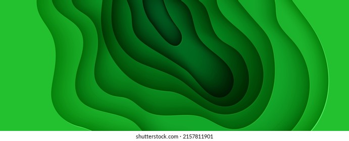 Abstract green background in paper cut style. 3d layout wallpaper cut out from cardboard. Modern template with abstract curve shapes. Vector environmental card with papercut waves for business poster