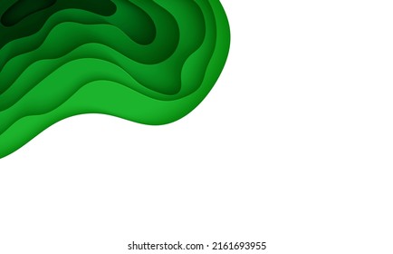 Abstract green background in paper cut style. 3d layout wallpaper cut out from cardboard. Modern template with abstract curve shapes. Vector environmental card with papercut waves for business poster