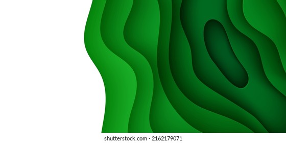 Abstract green background in paper cut style. 3d layout wallpaper cut out from cardboard. Modern template with abstract curve shapes. Vector environmental card with papercut waves for business poster