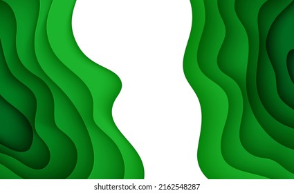 Abstract green background in paper cut style. 3d layout wallpaper cut out from cardboard. Modern template with abstract curve shapes. Vector environmental card with papercut waves for business poster