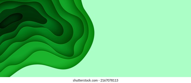 Abstract green background in paper cut style. 3d layout wallpaper cut out from cardboard. Modern template with abstract curve shapes. Vector environmental card with papercut waves for business poster