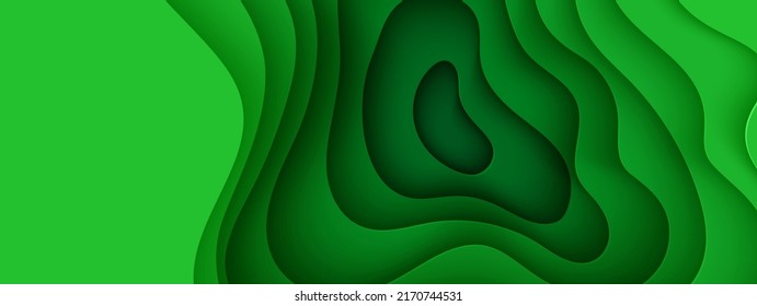 Abstract green background in paper cut style. 3d layout wallpaper cut out from cardboard. Modern template with abstract curve shapes. Vector environmental card with papercut waves for business poster