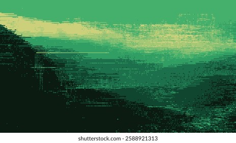 Abstract green background with a pixelated glitch effect. A vector illustration of a digital landscape. 8-bit old-school video gaming aesthetic.