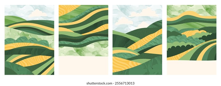 Abstract green background with rice, wheat, tea, corn field, sustainable agriculture design. Vector illustration with geometric pattern, nature texture, eco-friendly. Vintage, modern, Japanese covers
