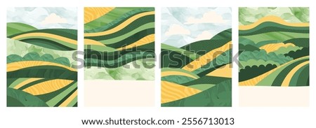 Abstract green background with rice, wheat, tea, corn field, sustainable agriculture design. Vector illustration with geometric pattern, nature texture, eco-friendly. Vintage, modern, Japanese covers