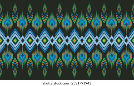 Abstract green background seamless ethnic ikat fabric pattern in Aztec tribal style. Design for background, wallpaper, vector illustration, fabric, clothing, batik, carpet, embroidery or fashion.
