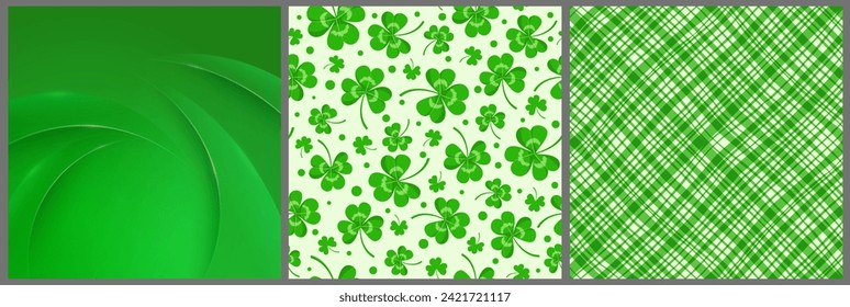 Abstract green background and seamless patterns with clovers and line for St.Patricks day. Banner template, shamrock leaves and gingham texture, vector illustrations set