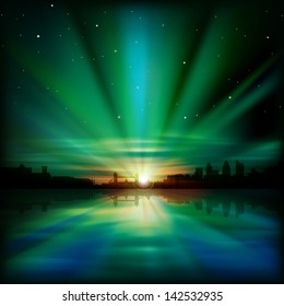 abstract green background with silhouette of London and sunrise
