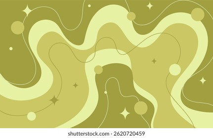 Abstract green background with smooth wavy lines, stars and circles. Retro style with soft shapes and natural colors. Suitable for web design, social media, posters