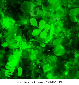 Abstract green background with spots and foliage of trees and shrubs. Oak leaves, birch, alder, beech, maple, aspen. Seamless floral pattern. Watercolor effect. 