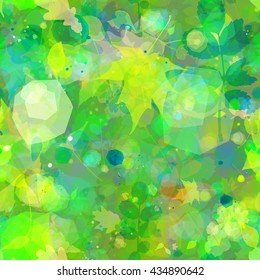 Abstract green background with spots and foliage of trees and shrubs. Oak leaves, birch, alder, beech, maple, aspen. Seamless floral pattern. Watercolor effect.