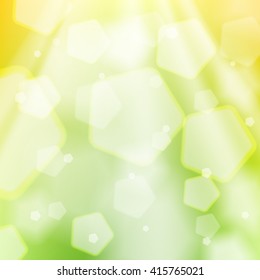 Abstract green background. Sunlight, bokeh, shiny and sparkly backdrop. Graphic design element for web sites, brochures, flyers, printables. Ecology, spring, summer concept. Vector illustration.