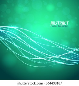 Abstract green background with text blurred lights and curved neon threads with sparkles vector illustration
