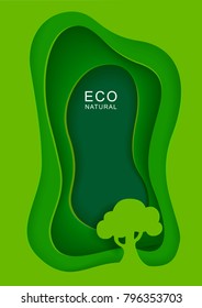 Abstract green background with a tree in paper style. Carving art,  ecology and natural. Vector design origami business presentations, flyers or posters.