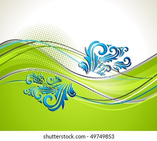 Abstract green background. Vector illustration with blue decoretive elements.