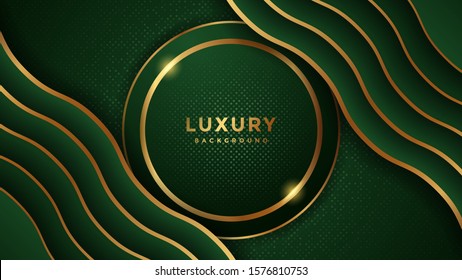 abstract green background with wavy gold lines. dark green background. isolated background on green dots and golden light.