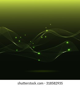 abstract green background with wavy lines and sparks vector illustration