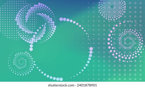 abstract green background with white dots lines and spirals. Vector banner