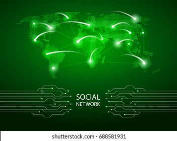 Abstract Green Background With World Map, Internet Line, Connected Points.