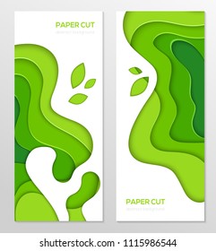 Abstract green banner - set of vector template illustrations on white background with place for your info. Paper cut, carving art effect. Two vertical posters of high quality for your business