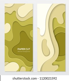 Abstract green banner - set of vector template illustrations on white background with place for your info. Paper cut shapes and olive colors. Two vertical posters of high quality for your business