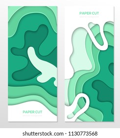 Abstract green banner - set of vector template illustrations on white background with place for your info. Paper cut shapes, emerald colors. Two vertical posters of high quality for your business