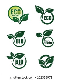 Abstract green banners with leafs. Vector badges and labels set.