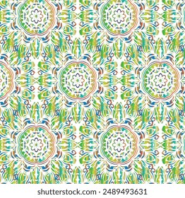 Abstract Green Batik Ethnic Ikat tropical seamless pattern pastel tone. Abstract traditional folk antique graphic fabric rangoli. Texture textile background vector illustration. used for print Design.