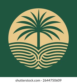 Abstract Green and Beige Palm Tree Logo Design Circular Emblem with Stylized Waves Minimalist Nature Icon for