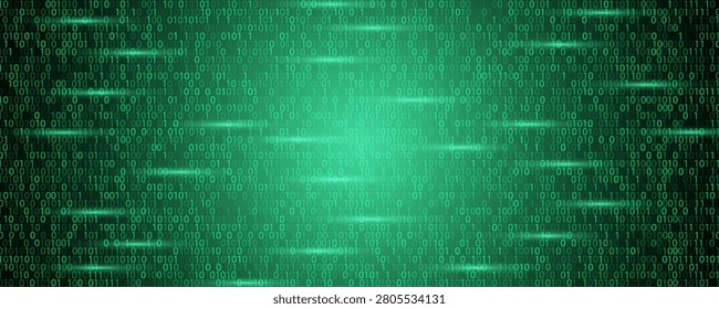 Abstract green binary code matrix background with horizontal light streaks, digital data communication technology banner.